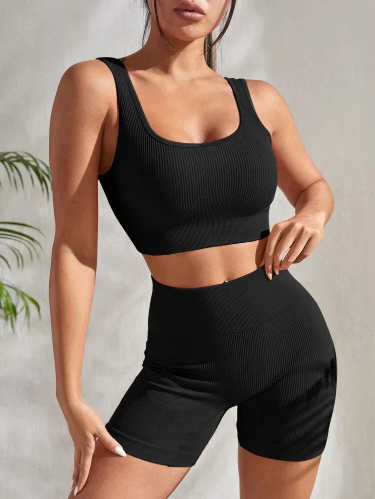 Two-piece women's fitness set with shorts & sports top – Sienna-Black-S-The Livary