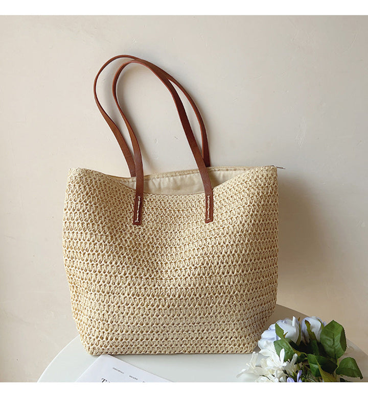 Rattan Woven Bag with Leather Straps - SummerBreeze Tote-White-The Livary