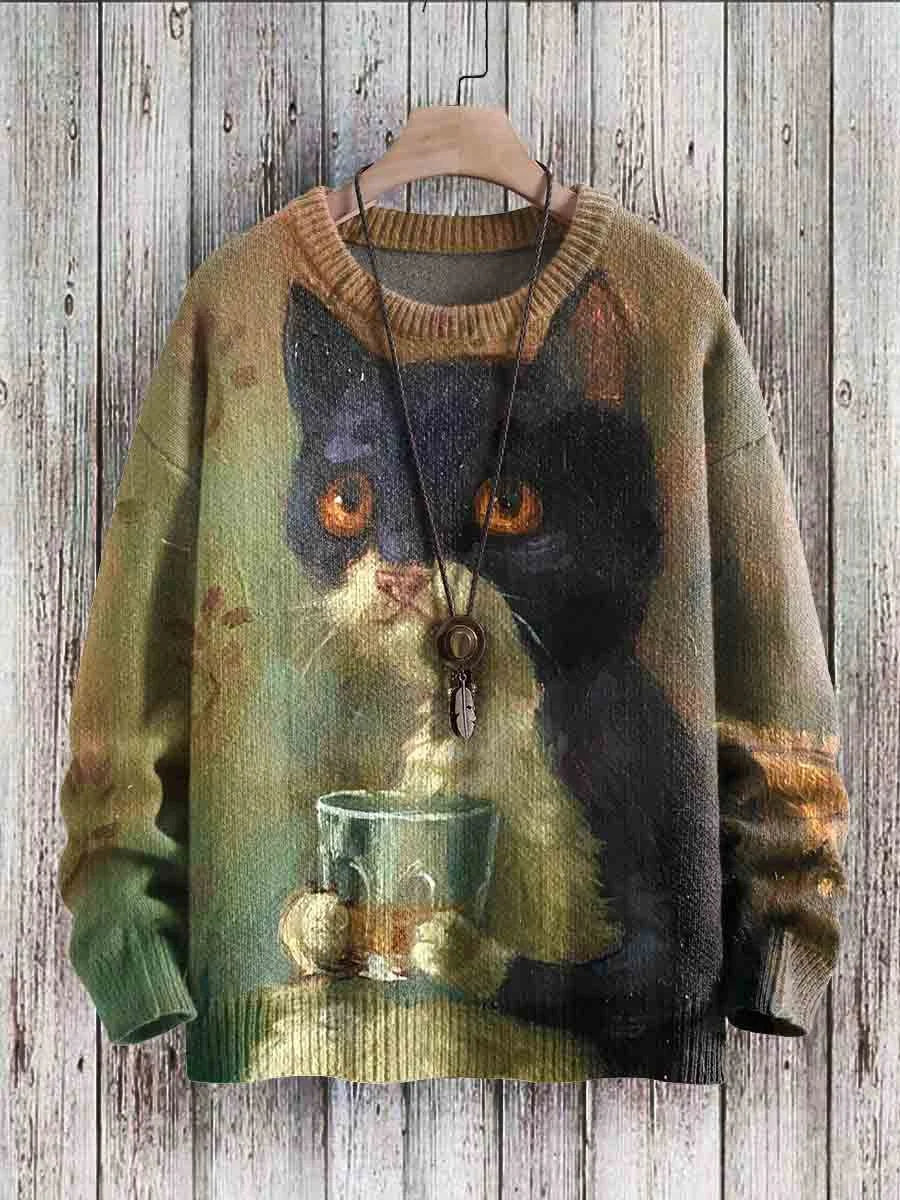 Cheerful Cat Print Sweater for Women - Cleo-Snooze-S-The Livary