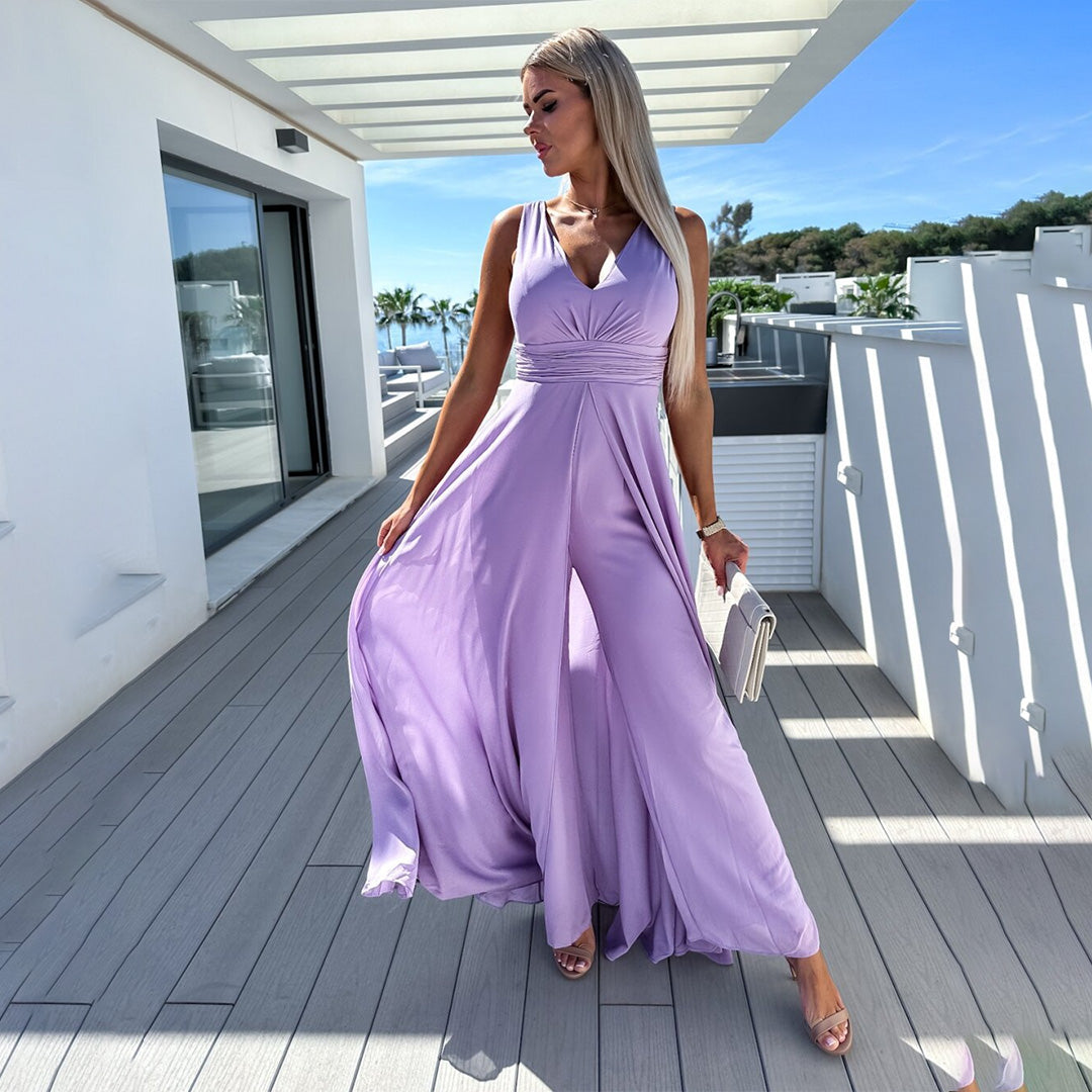 Stylish festive ladies' jumpsuit with dress look – Lorena-Purple-S-The Livary