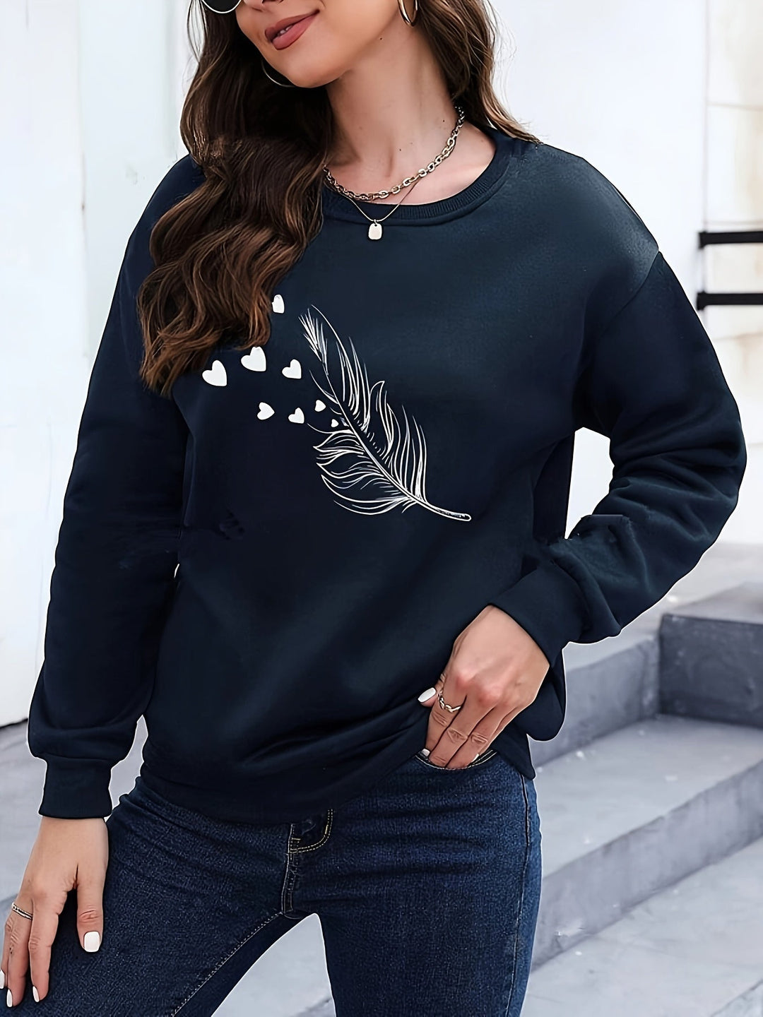 Casual Sweatshirt with Feather Print - Marisa-Black-S-The Livary
