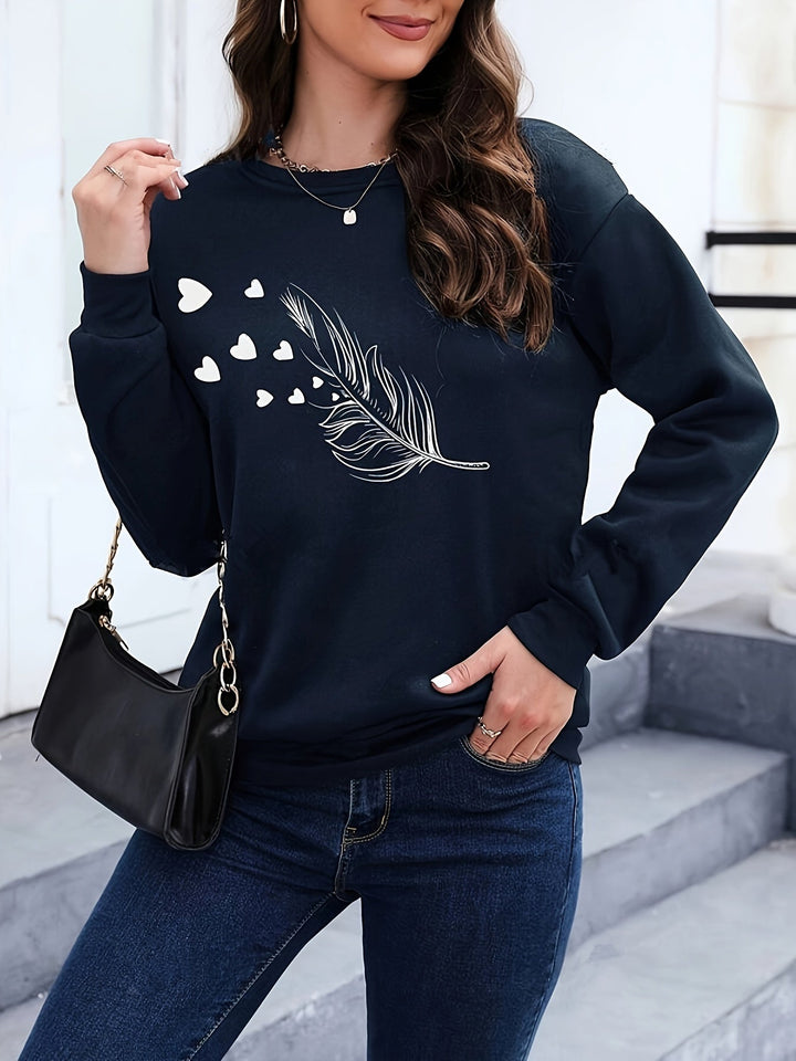 Casual Sweatshirt with Feather Print - Marisa-Dark green-S-The Livary