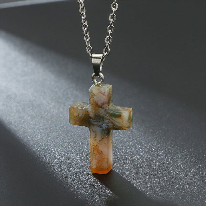 Necklace with Cross of Natural Gemstones - Seraphina-Indian agate-The Livary