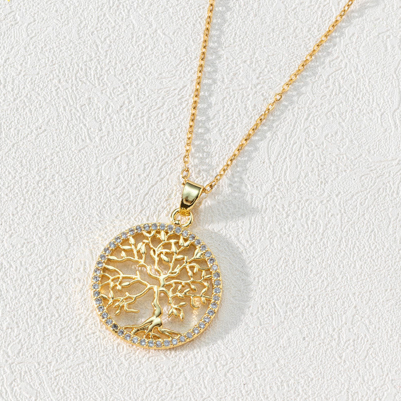 Zirconia Round Hollow Tree of Life Pendant - Necklace - Luna-Round White Zircon and Tree of Life-The Livary