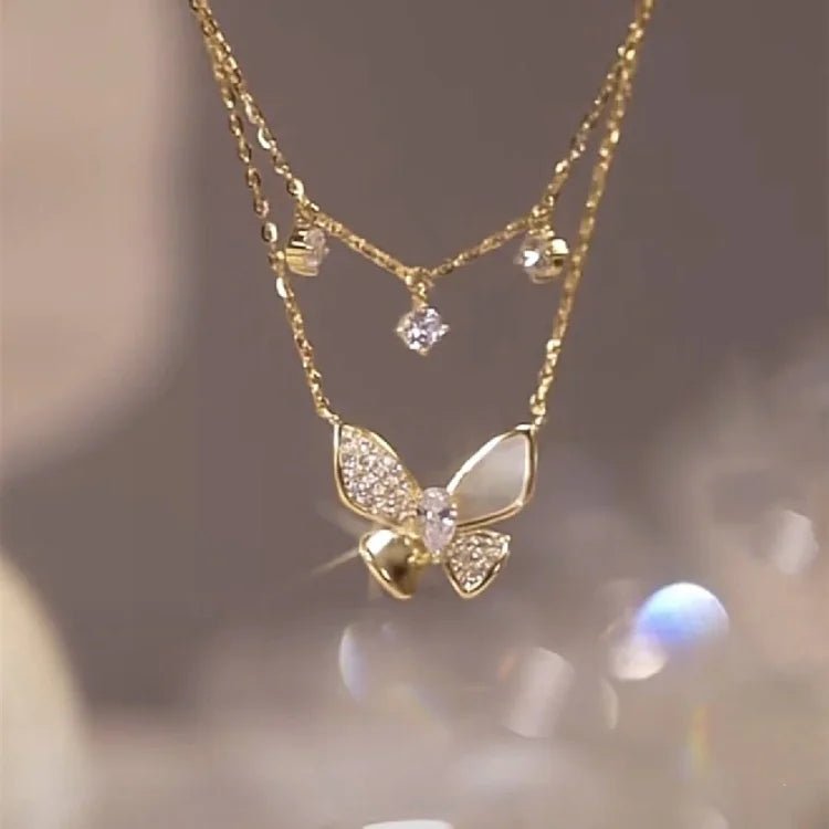 Double-layered Zirconia and Mother-of-pearl Butterfly Necklace - Elayna-The Livary