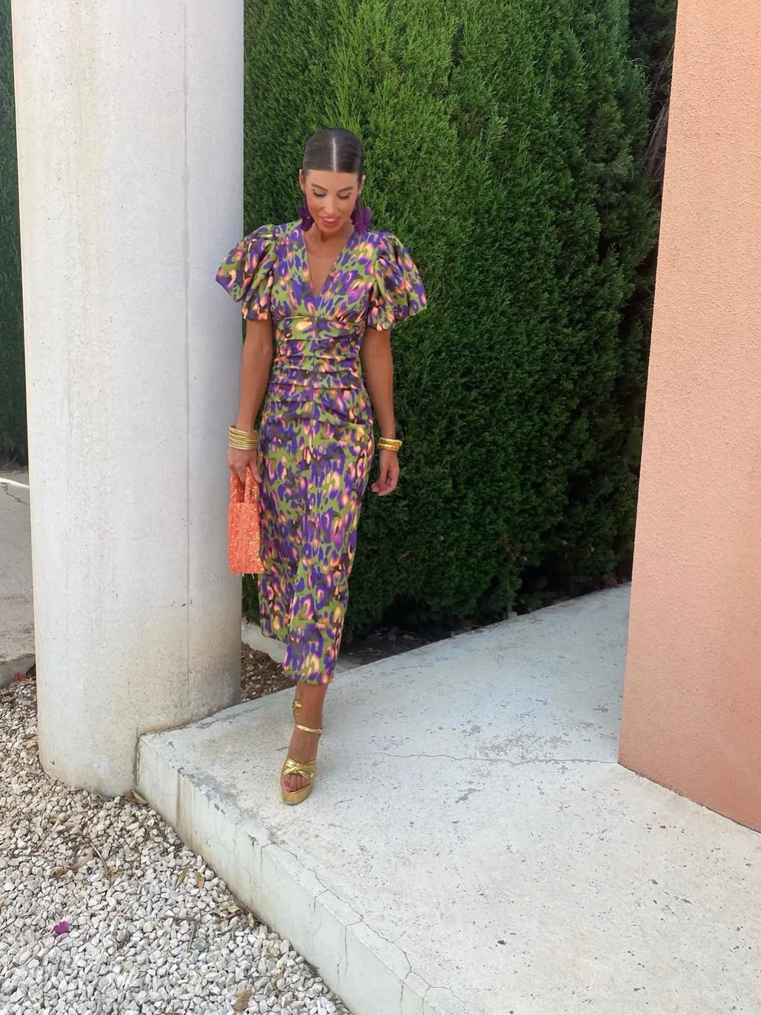 Colourful ladies' dress with pleated sleeves & comfortable cut – Noelia-Multicolour-L-The Livary