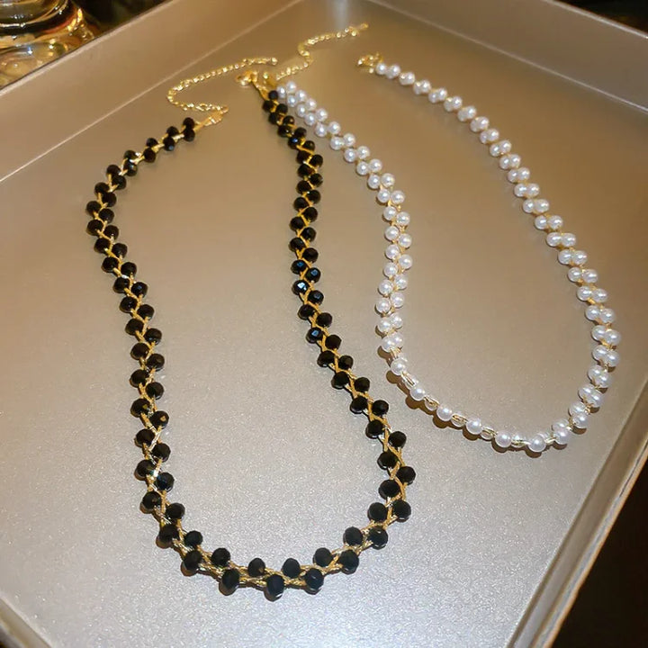 Double Crystals and Pearls Necklace - Amira-Black Crystal-The Livary
