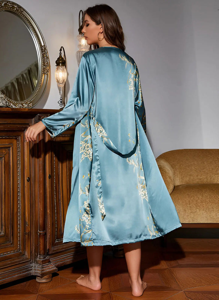 Two-piece satin dress-kimono set for women – Livia-Green-S-The Livary