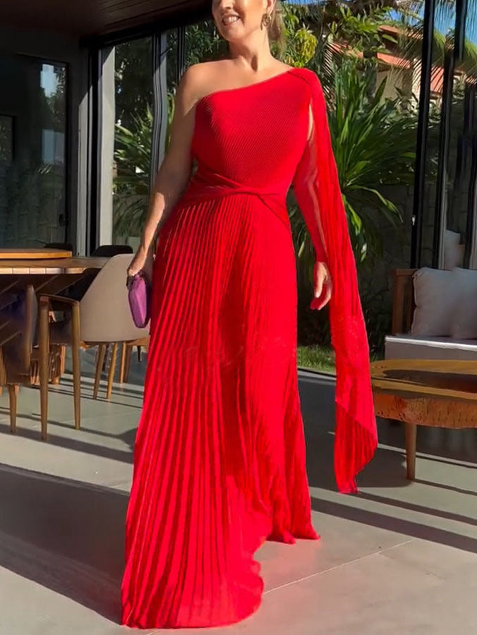 Trendy one-shoulder maxi dress with pleats – Mirella-Red-XS-The Livary