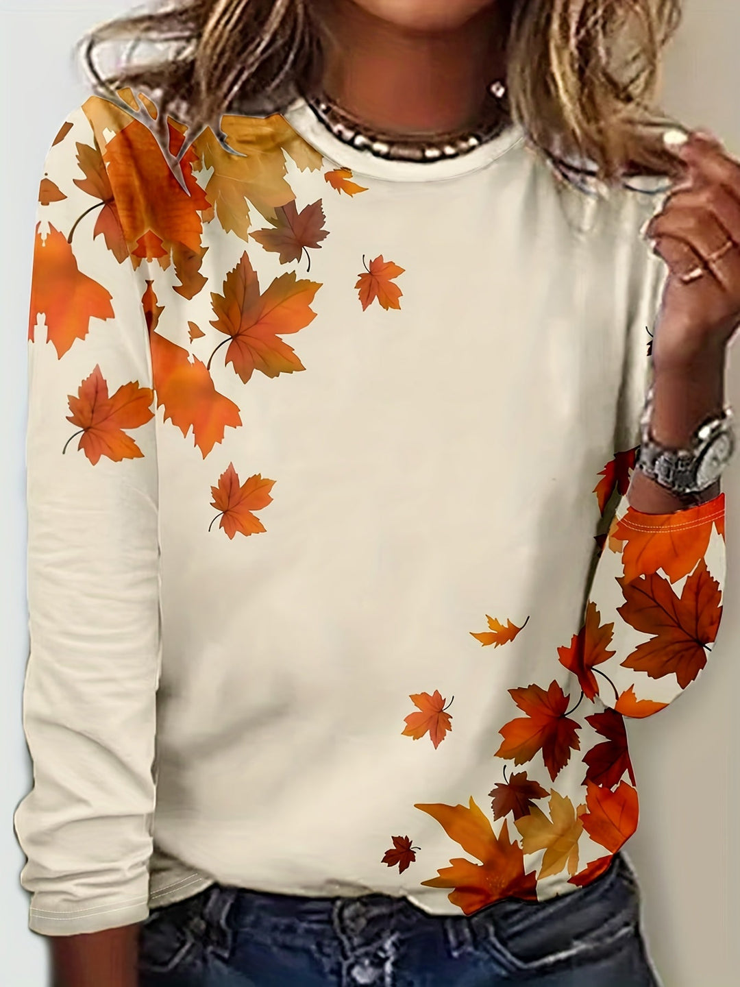 Ladies T-shirt with Maple Leaf Print and Long Sleeves - Elayna-S-The Livary