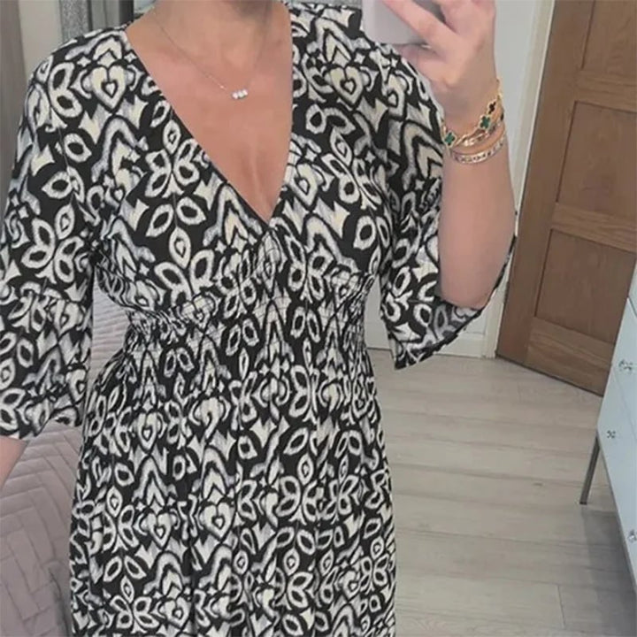 Long Floral Dress with V-neck – Liora-S-Black-The Livary