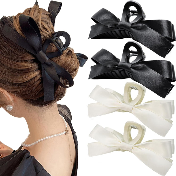 Large Satin Bow Clips-2 pieces Black + 2 pieces White-The Livary