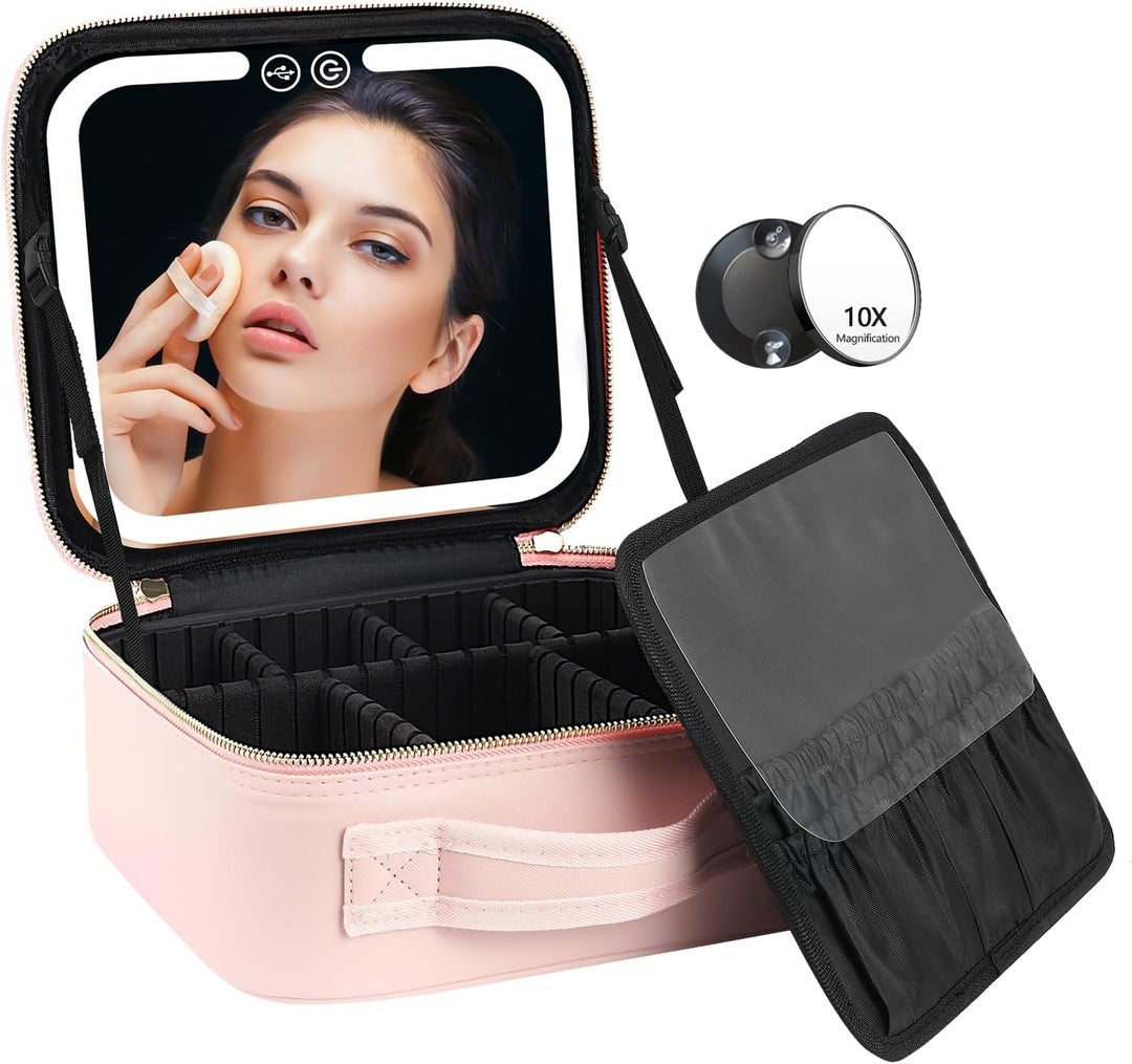 Travel Make-up Organizer with LED Mirror-Pink-The Livary