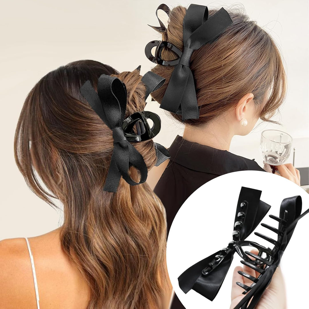 Large Satin Bow Clips-2 pieces Black-The Livary