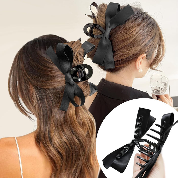 Large Satin Bow Clips-2 pieces Black-The Livary