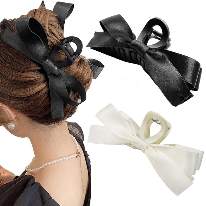 Large Satin Bow Clips-1 piece Black + 1 piece White-The Livary