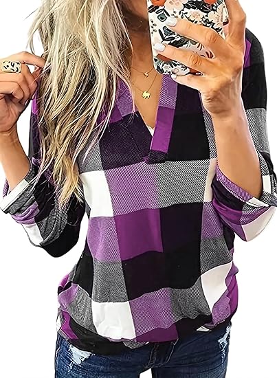Stylish Casual Checked Ladies' Blouse - Lara-Purple-S-The Livary