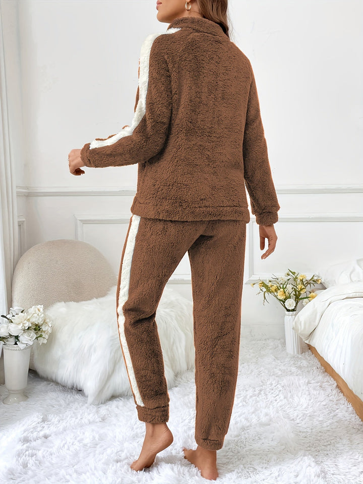 Soft Plush Lounge Pyjama Set with Colour Accents - Lyra-Brown-S-The Livary