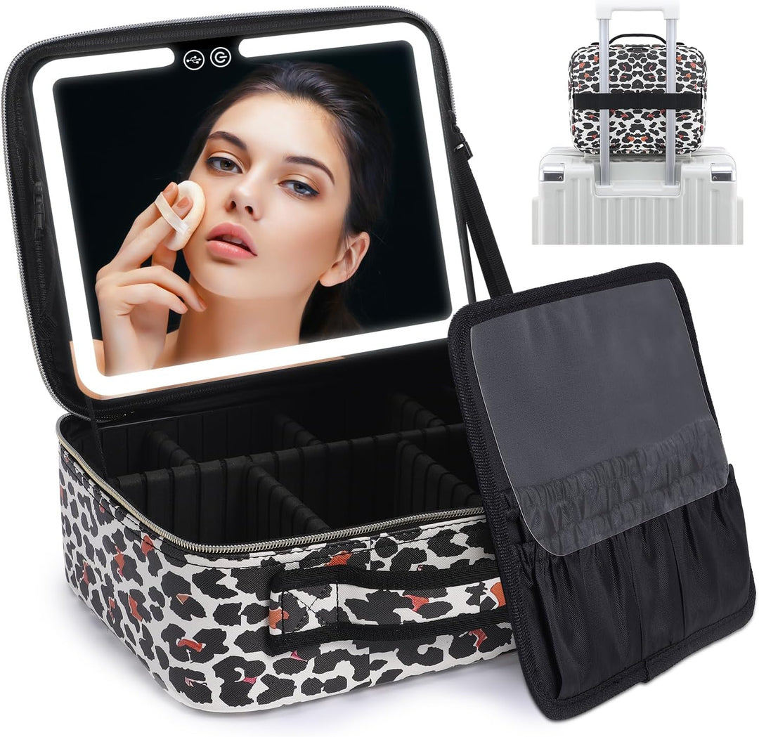 Travel Make-up Organizer with LED Mirror-Leopard-The Livary