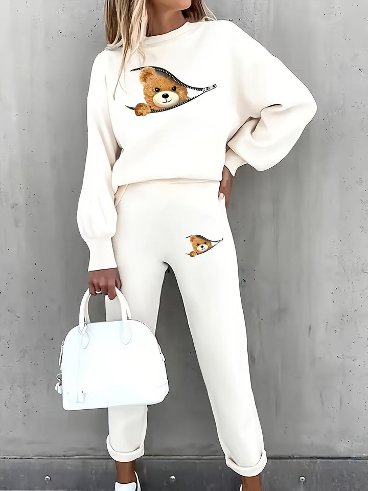 Casual Two-Piece Outfit with Cute Bear Print - Mila-White-S-The Livary
