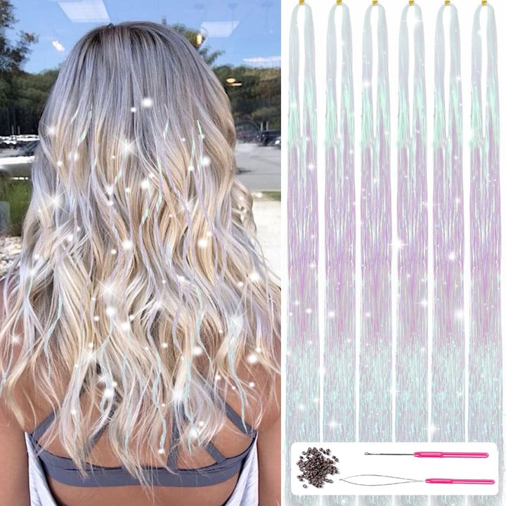 Sparkling Hair Tinsel Kit – Strands of Glitter!-White Pink-The Livary