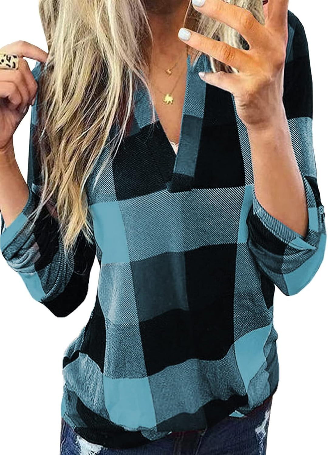Stylish Casual Checked Ladies' Blouse - Lara-Light Blue/Black-S-The Livary