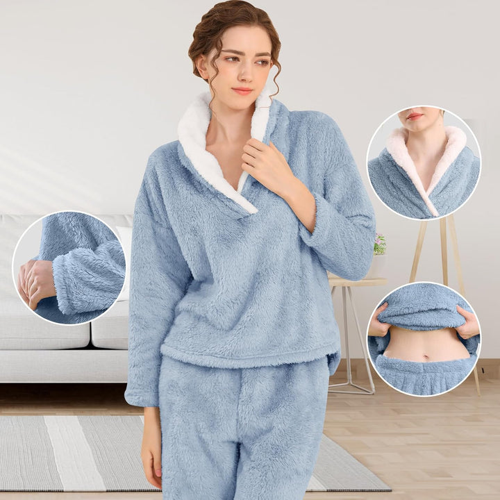 Fluffy Pyjama Set for Women - CozyPlush-Dark blue-S-The Livary