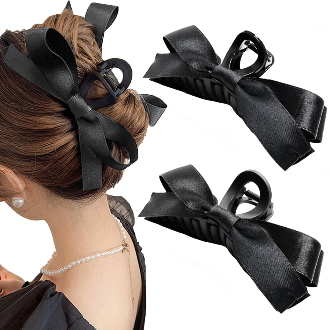 Large Satin Bow Clips-2 pieces Black-The Livary