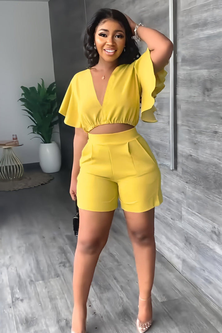 Trendy summer two-piece set with pleated design – Marlene-Yellow-S-The Livary