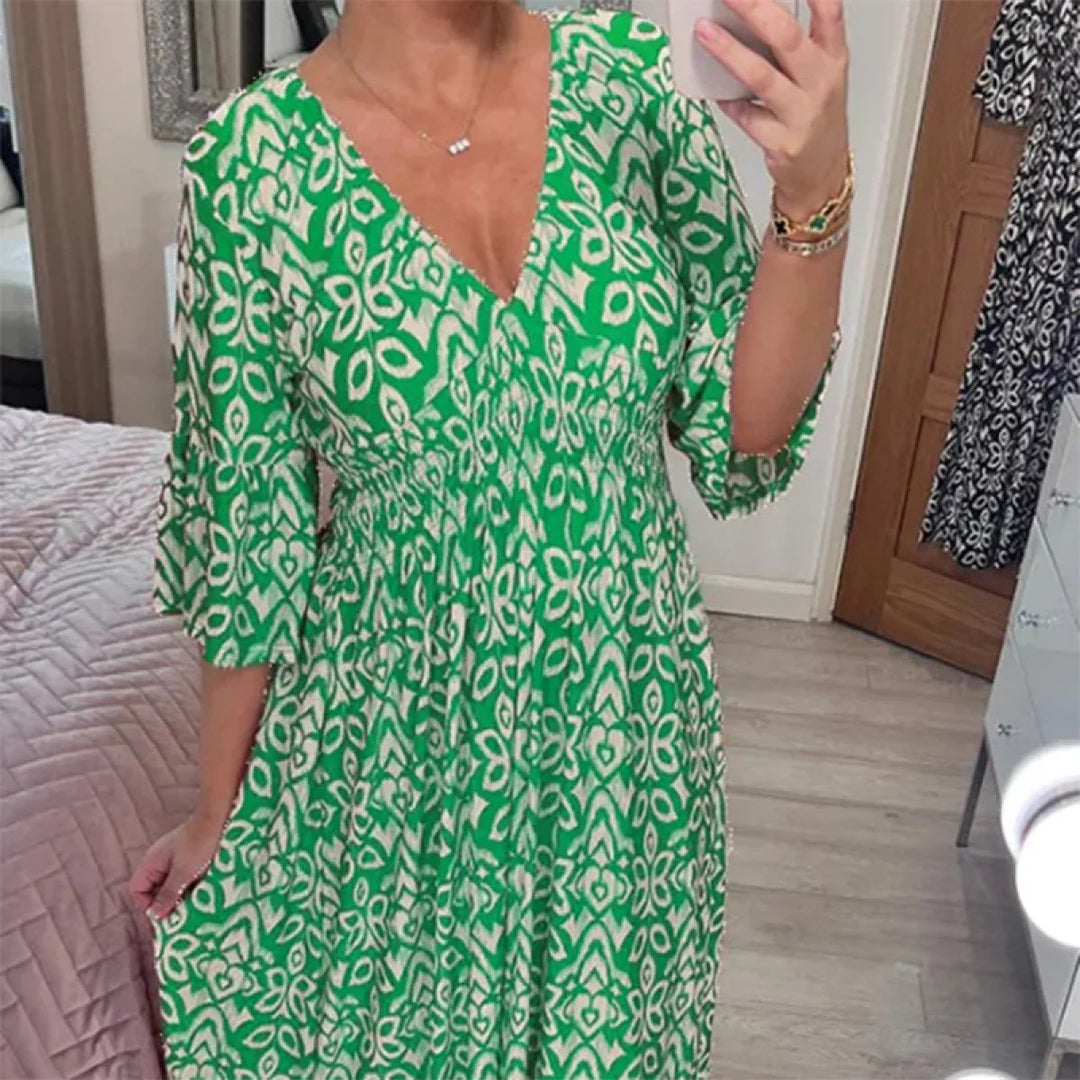 Long Floral Dress with V-neck – Liora-S-Green-The Livary