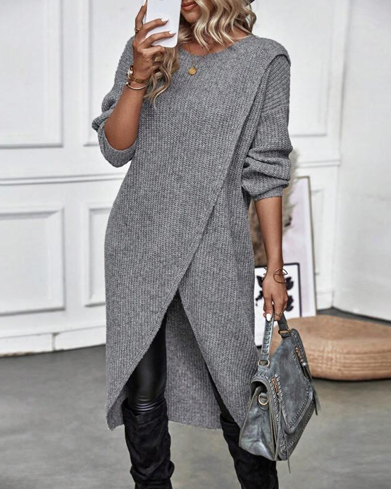Stylish Plain Sweater Dress - Lina-Gray-S-The Livary