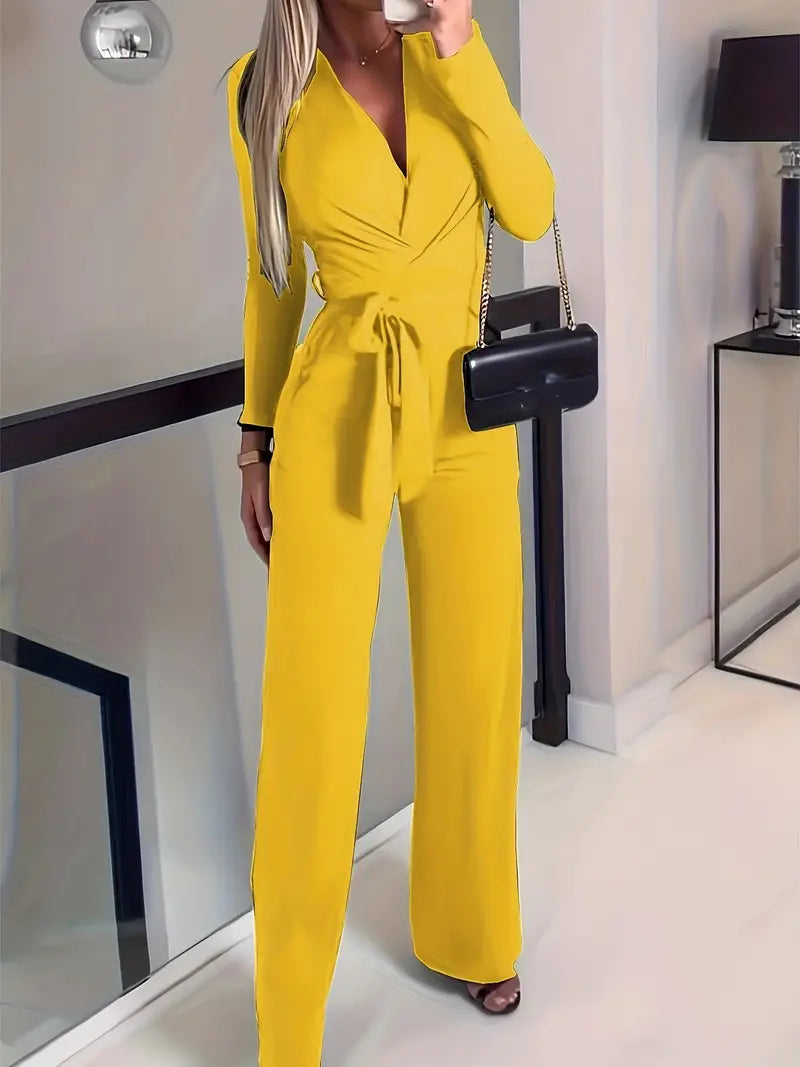 Wide-leg jumpsuit with belt and V-neck - Elise-Yellow-S-The Livary