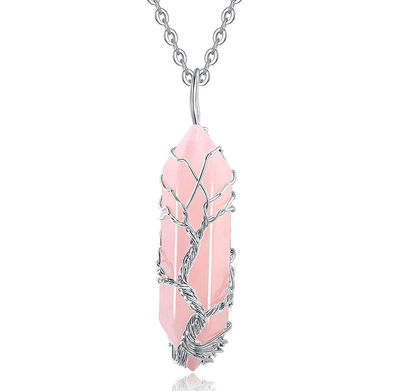 Stylish Crystal with Tree of Life Gemstone Necklace - Elara-Rose quartz-The Livary