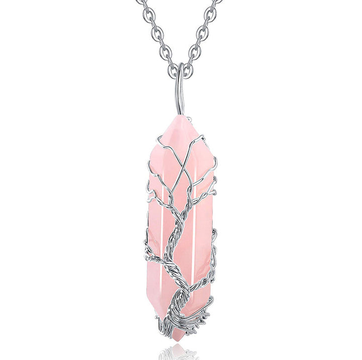 Stylish Crystal with Tree of Life Gemstone Necklace - Elara-Rose quartz-The Livary