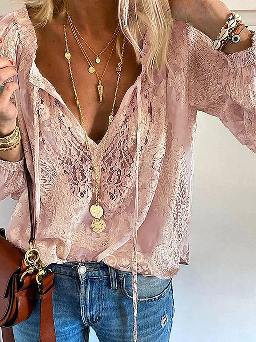Exclusive Ladies' Blouse with Lace - Elodie-Pink-XS-The Livary