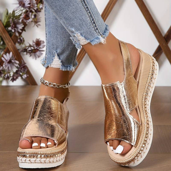 Stylish women's orthopedic summer shoes with wedge heel & fringe – Tilda-3.5-Gold-The Livary