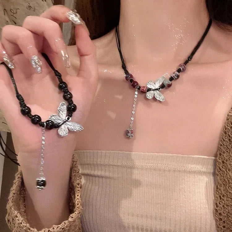 Butterfly and Pearl Necklace - Aurora-Colored-The Livary