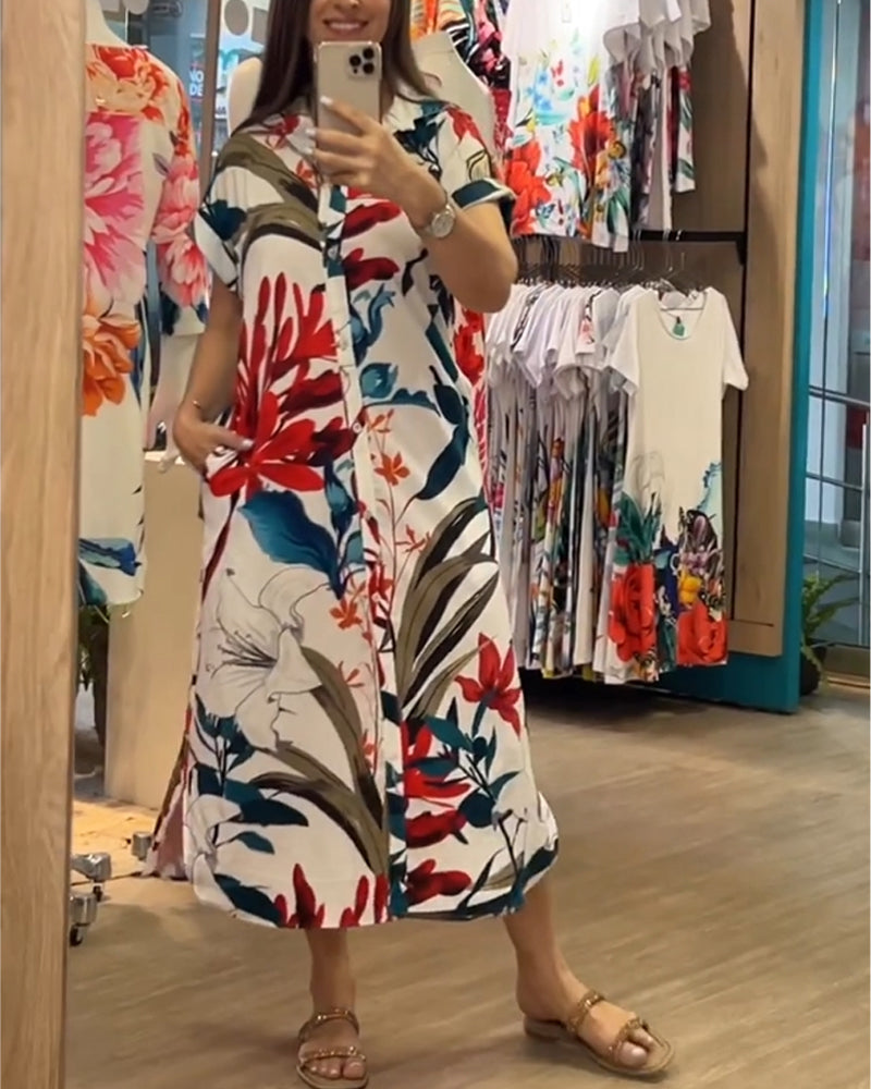 Trendy women's summer dress with print & shirt collar - Flora-S-The Livary