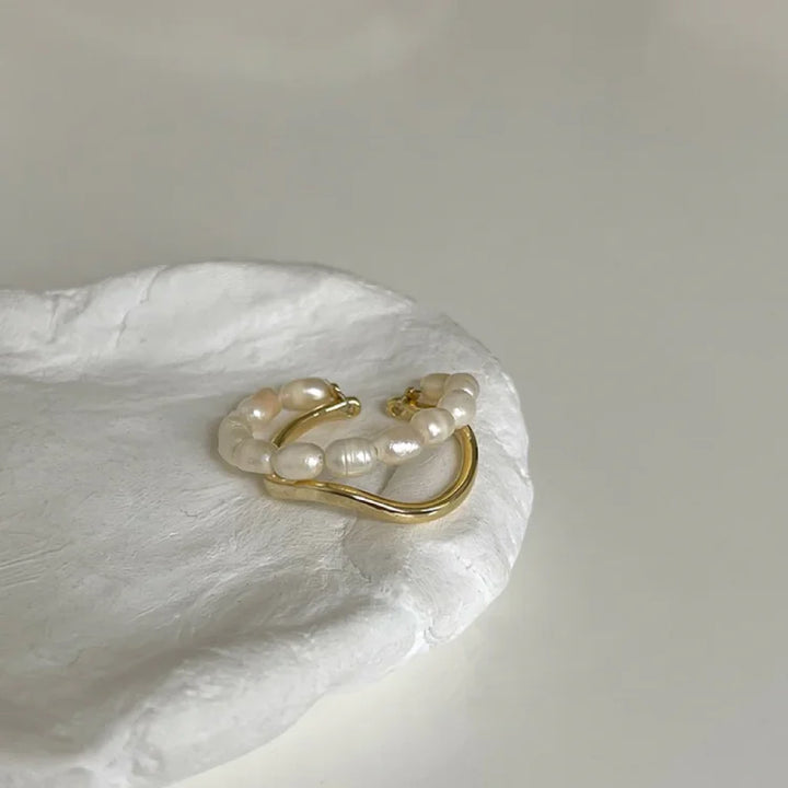 Double Layered Gold Ring with Freshwater Pearl - Ivy-The Livary