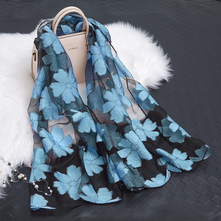 Trendy women's silk scarf with floral pattern and cut-out design – Fiora (1+1 FREE)-Aqua Blue-The Livary