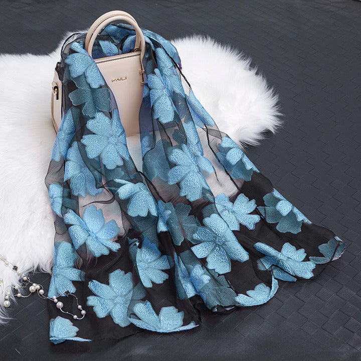 Trendy women's silk scarf with floral pattern and cut-out design – Fiora (1+1 FREE)-Aqua Blue-The Livary