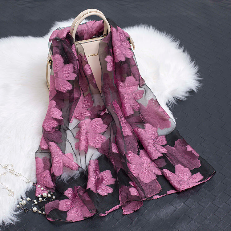 Trendy women's silk scarf with floral pattern and cut-out design – Fiora (1+1 FREE)-Purple-The Livary