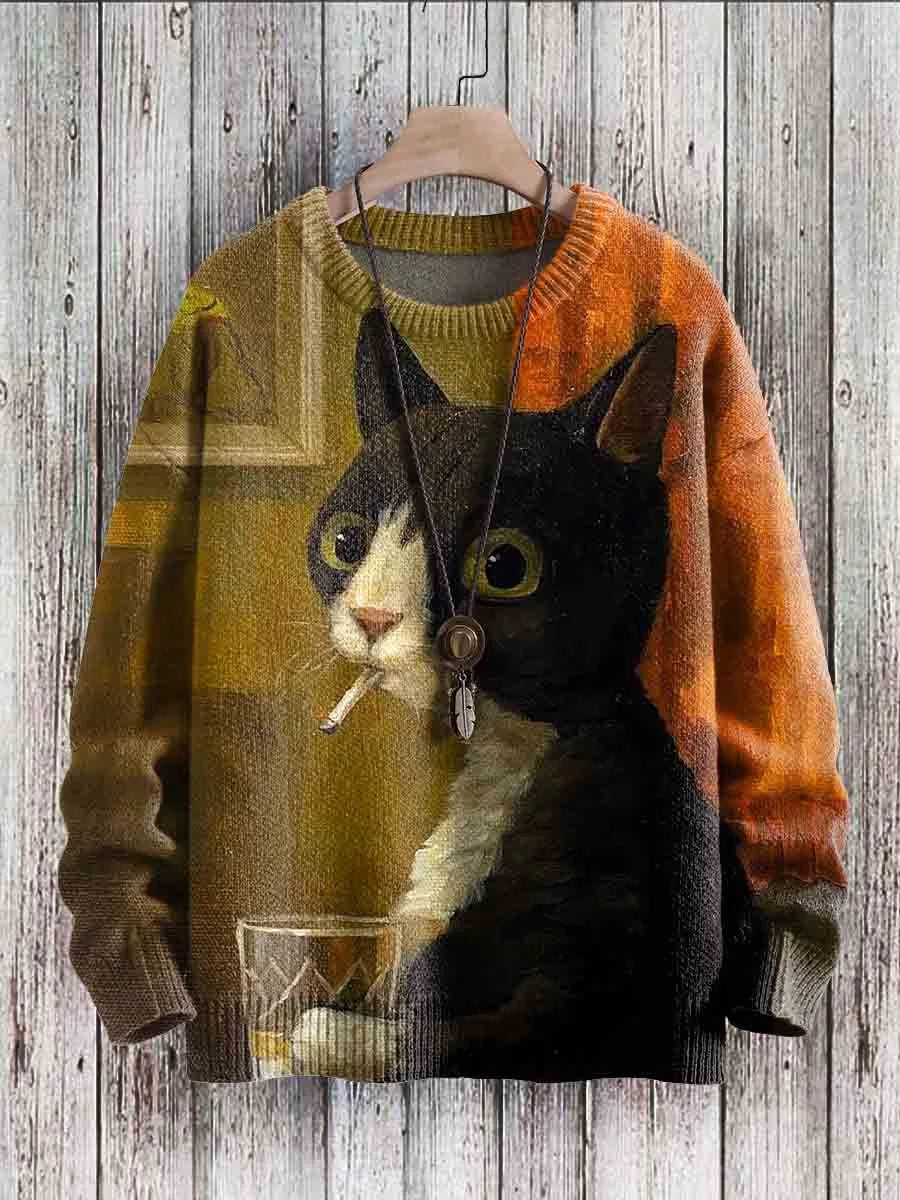 Cheerful Cat Print Sweater for Women - Cleo-Minoes-S-The Livary
