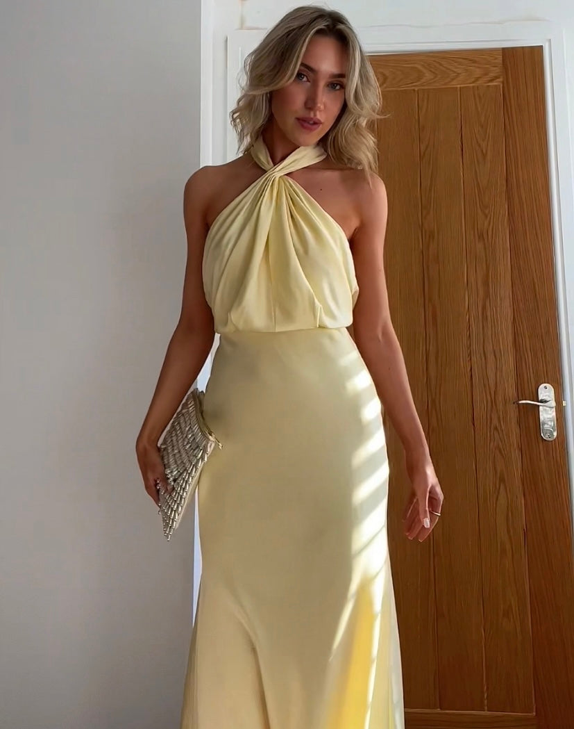 Stylish halterneck maxi dress for women with waist definition – Yara-XS-The Livary