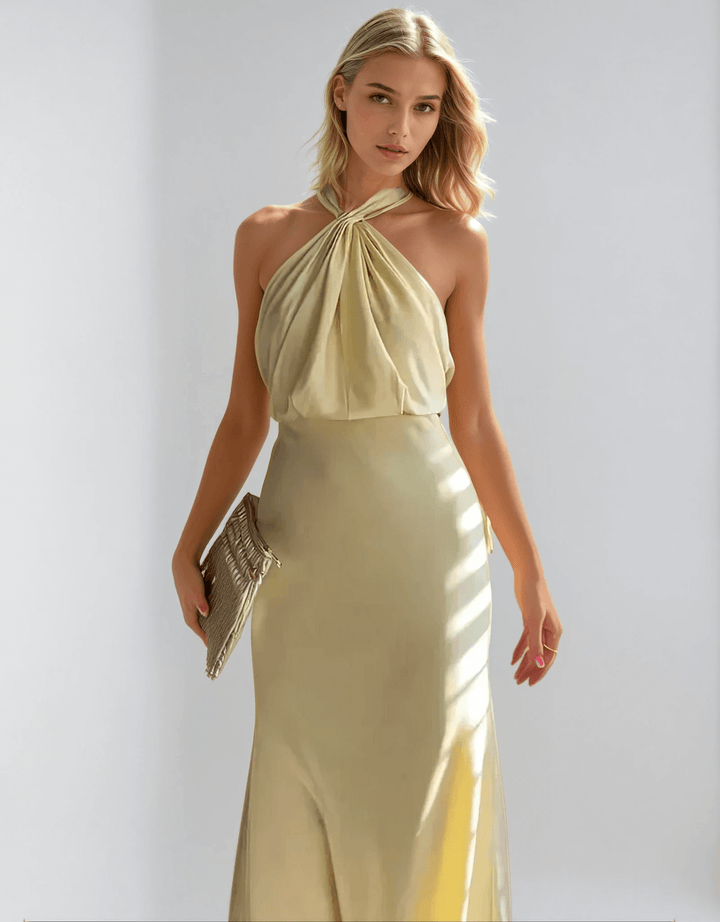 Stylish halterneck maxi dress for women with waist definition – Yara-XS-The Livary