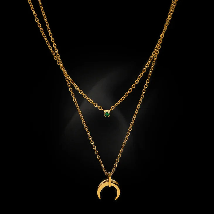 Green Diamond Double Crescent Moon Necklace - Selina-The Livary