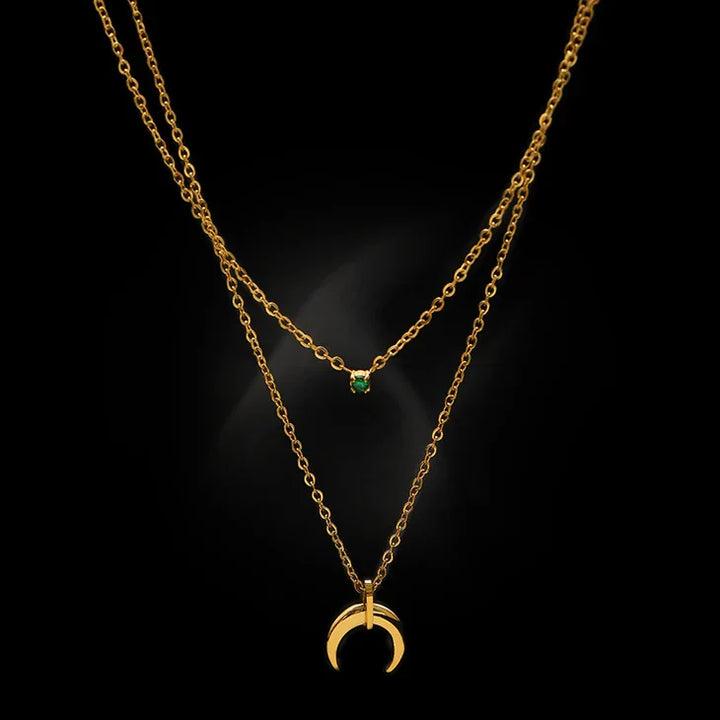 Green Diamond Double Crescent Moon Necklace - Selina-The Livary