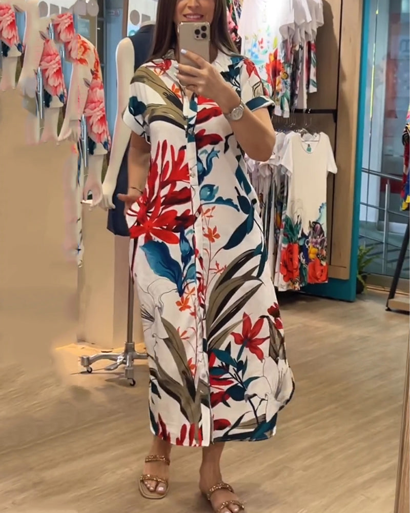 Trendy women's summer dress with print & shirt collar - Flora-S-The Livary