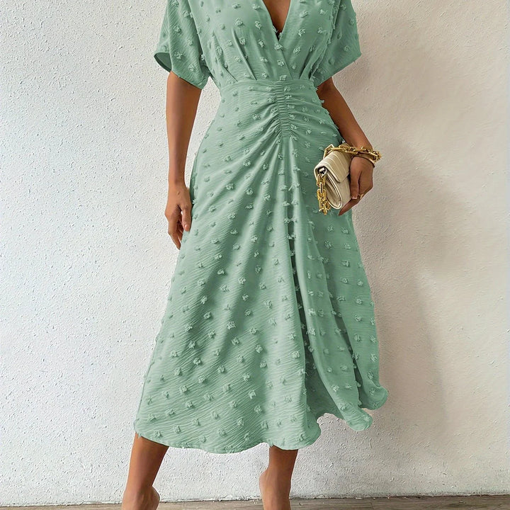 Refined Pleated Midi Dress with Ruffles | Evening Dress-S-Light green-The Livary