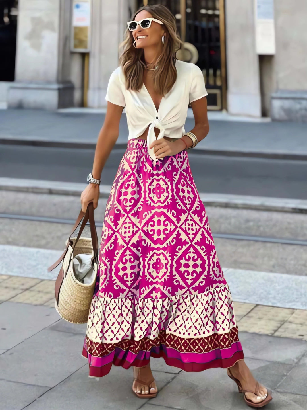 Printed Boho maxi skirt with a flowing cut & fringes – Yalina-Pink-S-The Livary